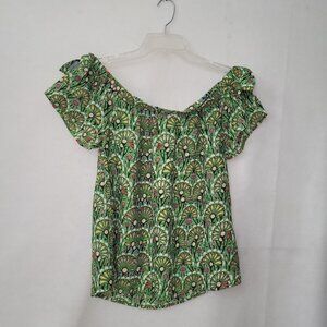 Esqualo Shirt Womens 6 Green Geometric Print Bow Off Shoulder‎ Detail New